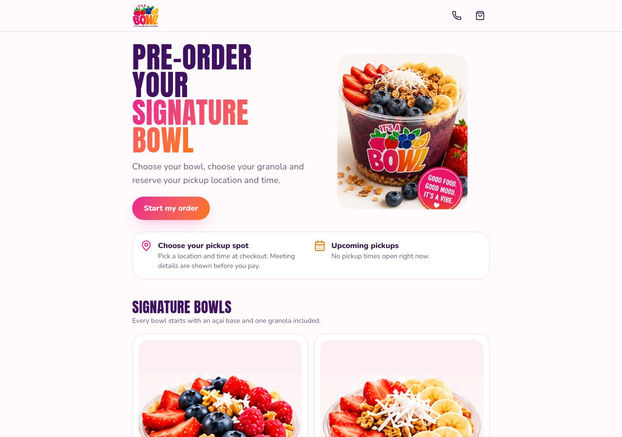 Desktop view of the It's A Bowl — Online Ordering & Pickup website designed by CORE Entity Services