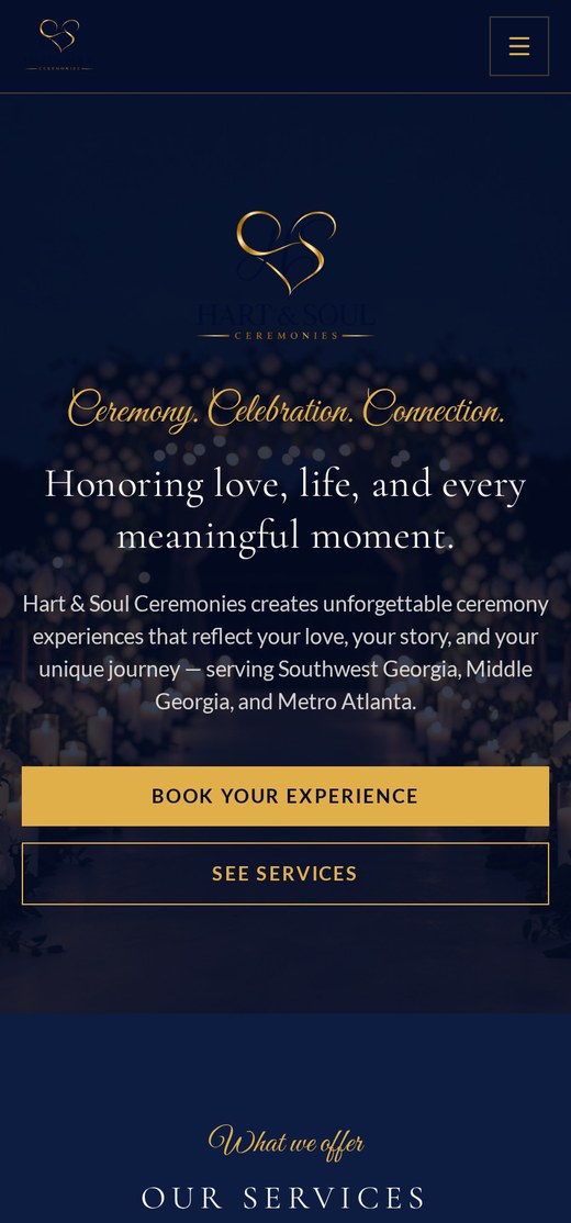 Mobile view of the Hart & Soul Ceremonies website
