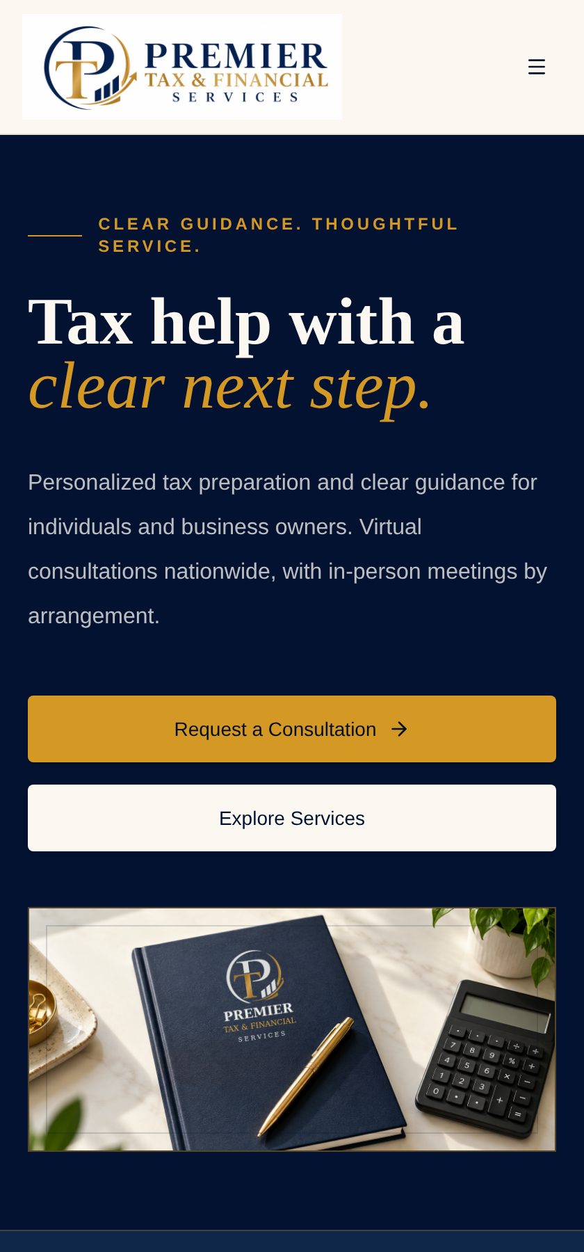 Mobile view of the Premier Tax and Financial Services website
