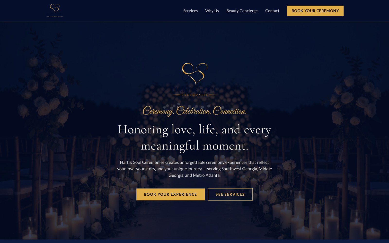 Desktop view of the Hart & Soul Ceremonies website designed by CORE Entity Services