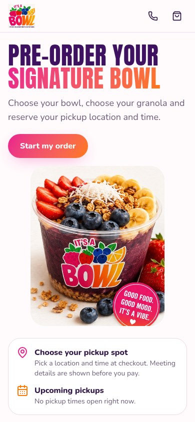 Mobile view of the It's A Bowl — Online Ordering & Pickup website