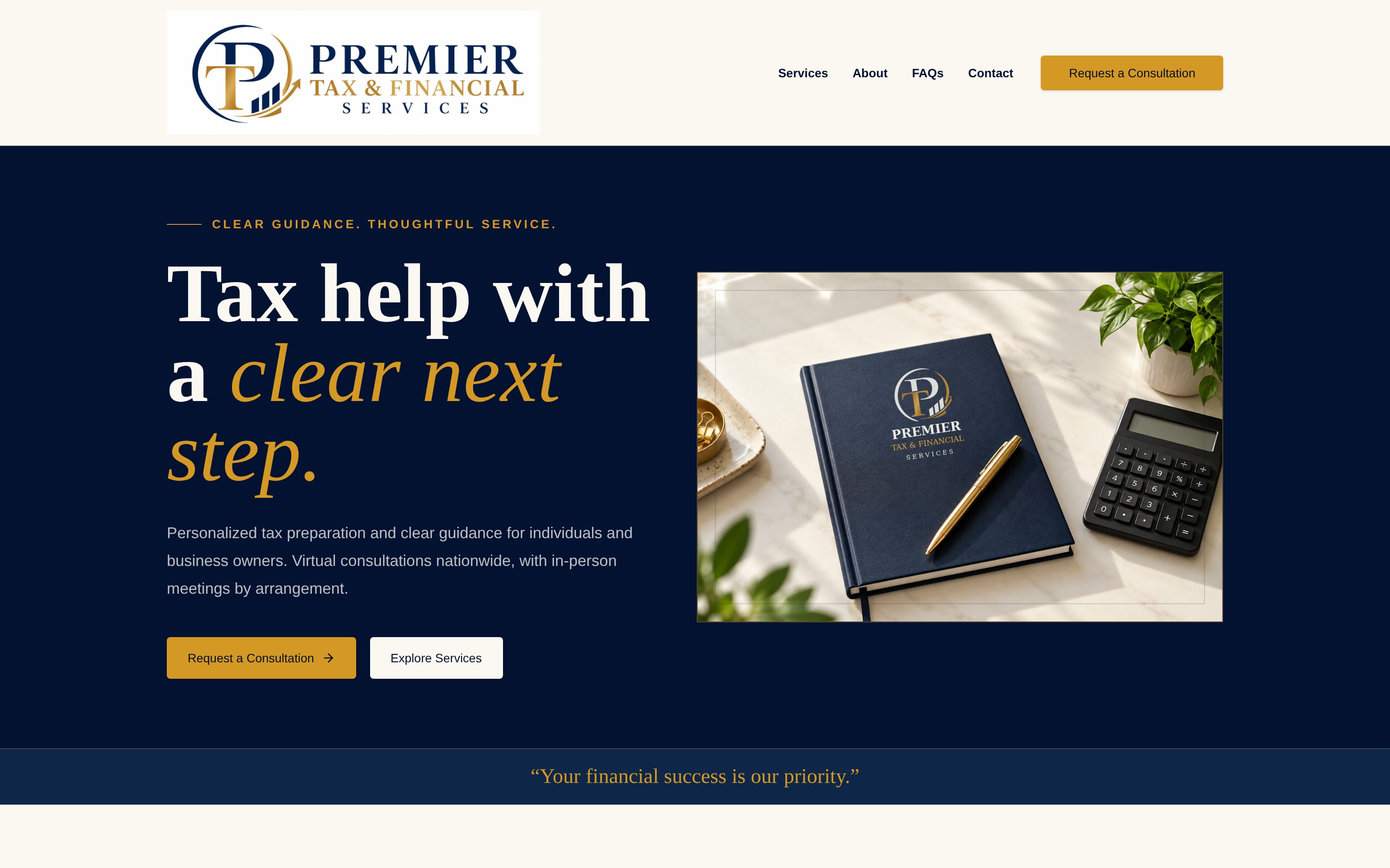 Desktop view of the Premier Tax and Financial Services website designed by CORE Entity Services