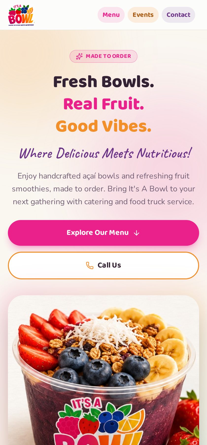 Mobile view of the It's A Bowl — Landing Page website